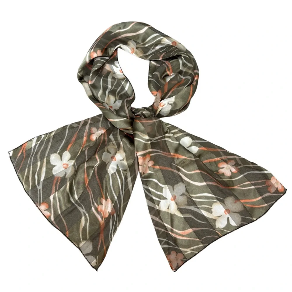 Vintage Silk Scarf Luxury Floral Botanical Print Green Gold Coral Orange Ivory